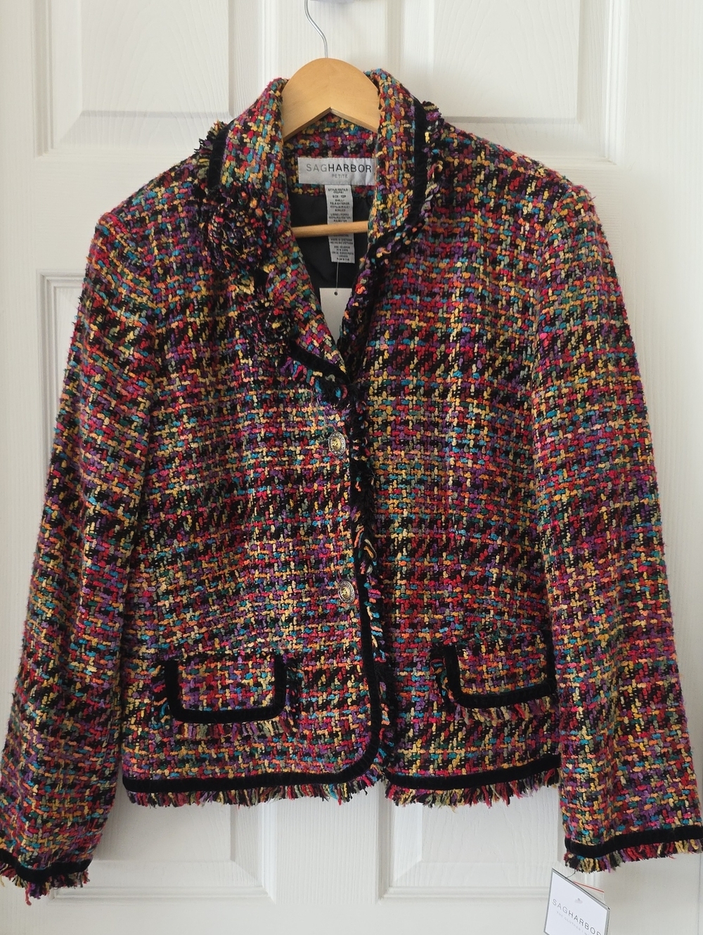 Vtg Sag Harbor Multicolor Tweed Fringe Blazer w/Black Velvet Trim New Petite 12
